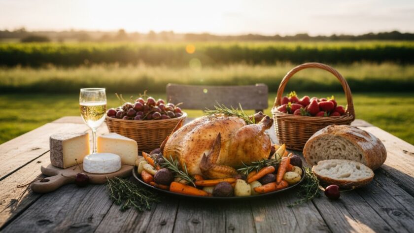 An exquisite overhead shot of a beautifully plated dish featuring fresh, seasonal produce from Bacchus Marsh, dramatically lit to highlight textures and colours, showcasing expert Bacchus Marsh artisan food photography.