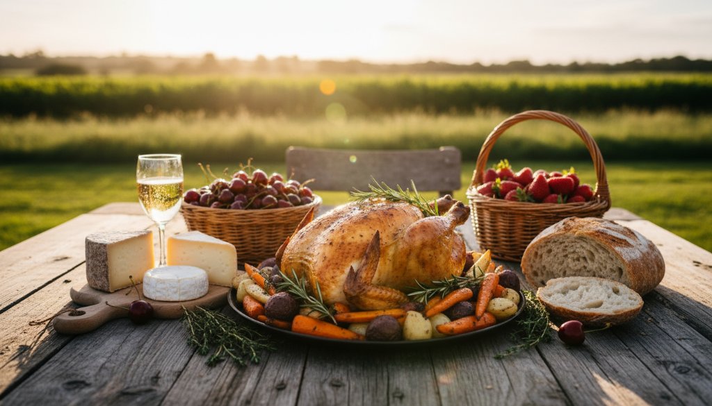 An exquisite overhead shot of a beautifully plated dish featuring fresh, seasonal produce from Bacchus Marsh, dramatically lit to highlight textures and colours, showcasing expert Bacchus Marsh artisan food photography.