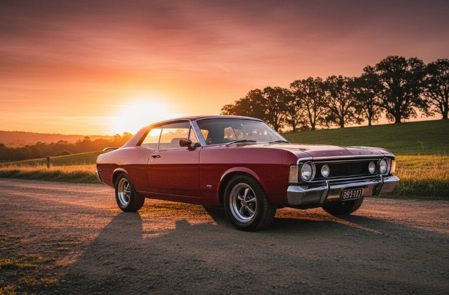 A dramatic, low-angle shot of a meticulously restored vintage muscle car gleaming under the golden hour light, parked on a rustic country road near Bacchus Marsh. The focus keyphrase 'Bacchus Marsh car photoshoot locations' is highlighted in this epic moment capture.