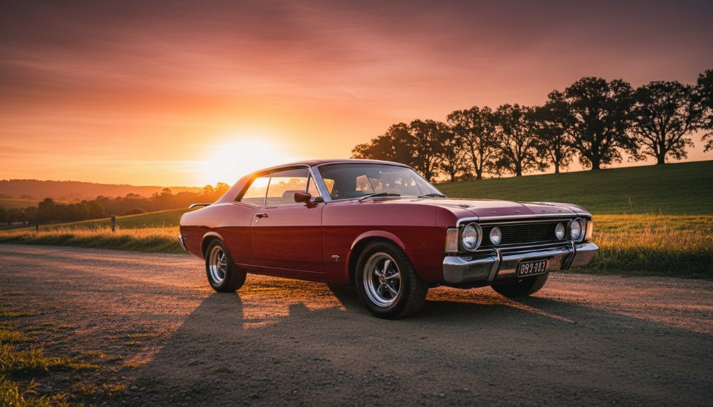 A dramatic, low-angle shot of a meticulously restored vintage muscle car gleaming under the golden hour light, parked on a rustic country road near Bacchus Marsh. The focus keyphrase 'Bacchus Marsh car photoshoot locations' is highlighted in this epic moment capture.