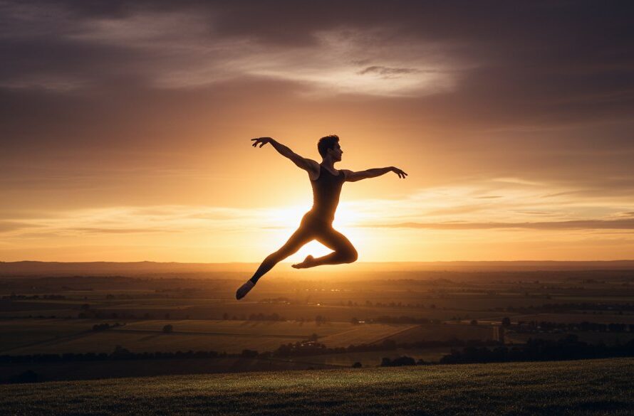 A male ballet dancer executing a powerful, elegant leap against a soft, sunlit backdrop of rolling hills near Bacchus Marsh, captured in a Bacchus Marsh dance photography dynamic portrait with dramatic backlighting and professional colour grading, showcasing an epic moment of athletic grace and artistic expression.