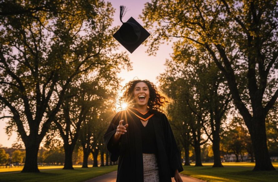 A jubilant graduate in their cap and gown, framed by the iconic Bacchus Marsh Avenue of Honour trees, joyfully tossing their cap into a vibrant sunset sky, symbolising the success of their Bacchus Marsh Graduation Photos Capturing Milestone Moments.