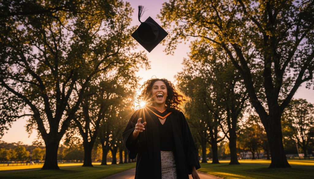 A jubilant graduate in their cap and gown, framed by the iconic Bacchus Marsh Avenue of Honour trees, joyfully tossing their cap into a vibrant sunset sky, symbolising the success of their Bacchus Marsh Graduation Photos Capturing Milestone Moments.