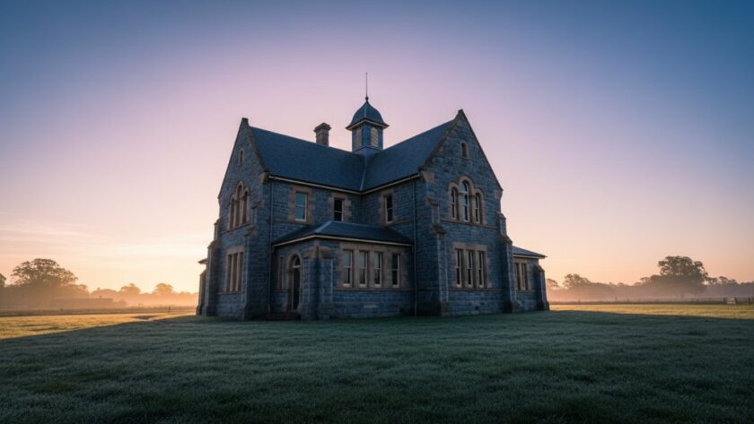 Dramatic wide-angle shot of a grand, historic bluestone building in Bacchus Marsh at dawn, showcasing intricate details and long shadows, perfectly illustrating Bacchus Marsh historical building photography.