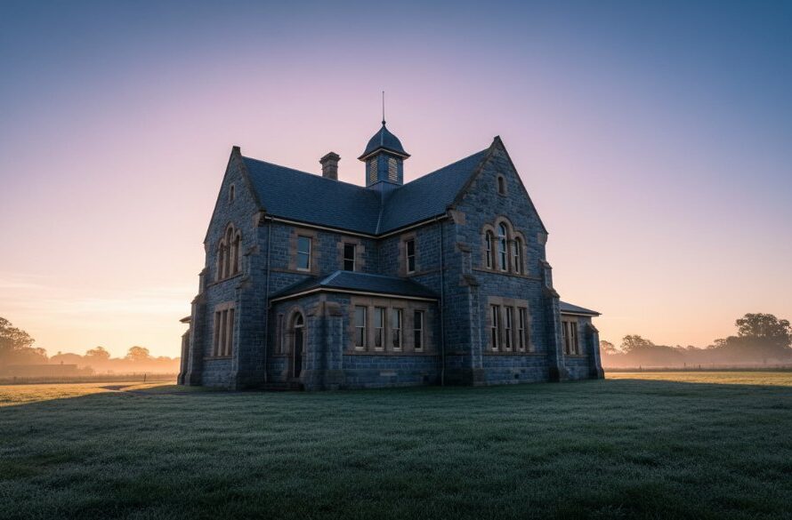 Dramatic wide-angle shot of a grand, historic bluestone building in Bacchus Marsh at dawn, showcasing intricate details and long shadows, perfectly illustrating Bacchus Marsh historical building photography.