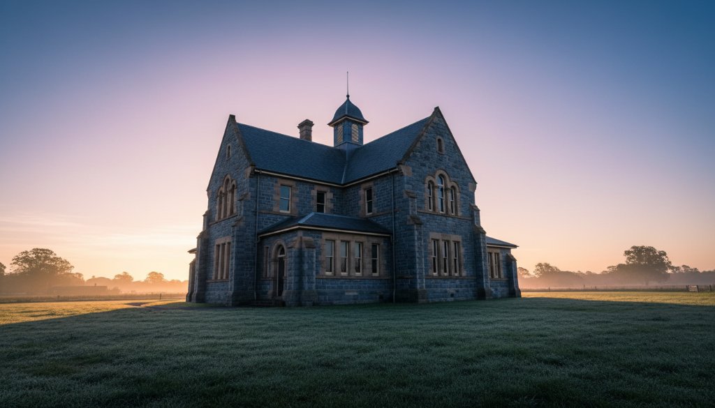 Dramatic wide-angle shot of a grand, historic bluestone building in Bacchus Marsh at dawn, showcasing intricate details and long shadows, perfectly illustrating Bacchus Marsh historical building photography.