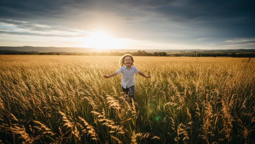 A professional, cinematic photograph capturing Bacchus Marsh Kids Photography Outdoor Adventures, showing a child joyfully running through a sun-drenched field near the Lerderderg Gorge, golden hour light, dramatic lighting, genuine laughter, dynamic composition.