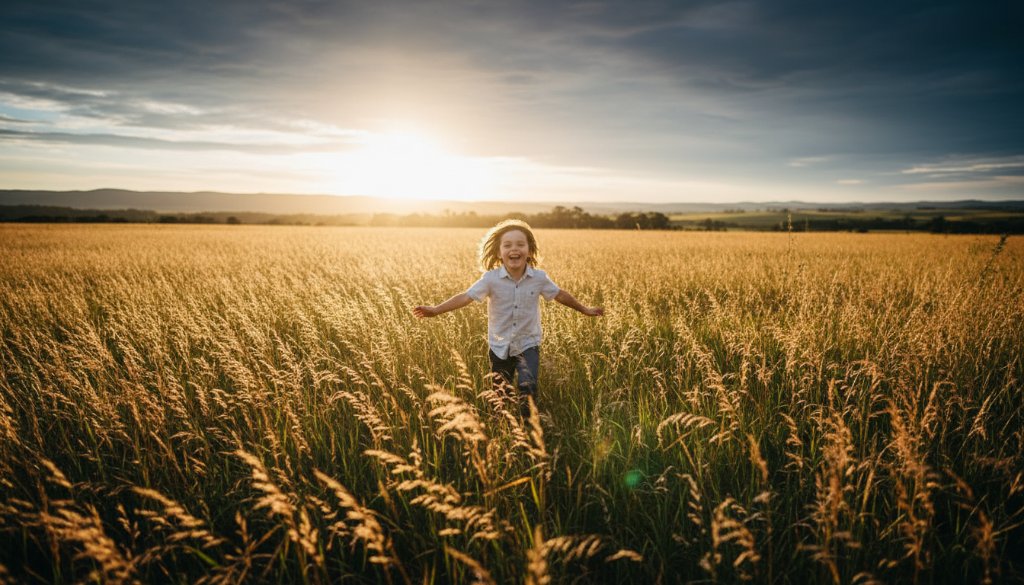 A professional, cinematic photograph capturing Bacchus Marsh Kids Photography Outdoor Adventures, showing a child joyfully running through a sun-drenched field near the Lerderderg Gorge, golden hour light, dramatic lighting, genuine laughter, dynamic composition.