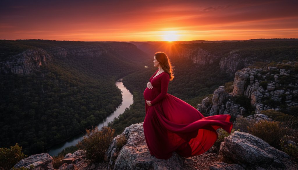 A radiant expectant mother in a flowing golden gown stands silhouetted against a breathtaking Bacchus Marsh sunset over the Lerderderg Gorge, her hands cradling her belly. The dramatic light and vibrant colours highlight the stunning Bacchus Marsh maternity photoshoot scenic locations, creating an epic, professional portfolio image.