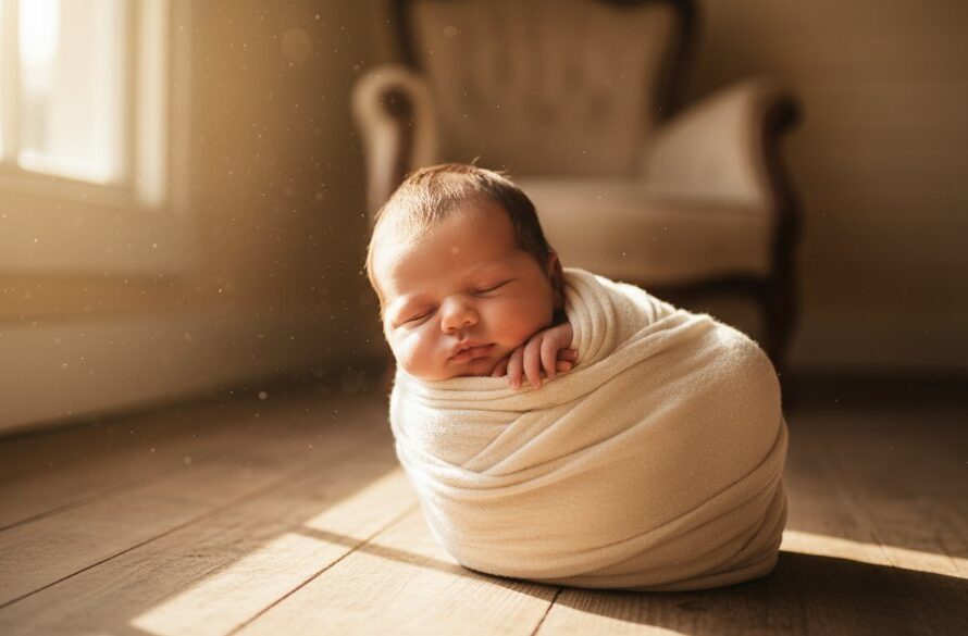 A stunning, natural light photograph of a newborn baby sleeping peacefully in a soft, organic wrap, bathed in warm, gentle sunlight streaming through a window, captured by a professional Bacchus Marsh Newborn Photography Natural Light specialist. The image exudes serenity and tender newness, showcasing delicate details of the baby's face and tiny hands.
