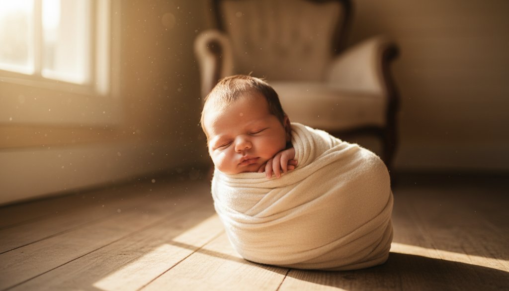 A stunning, natural light photograph of a newborn baby sleeping peacefully in a soft, organic wrap, bathed in warm, gentle sunlight streaming through a window, captured by a professional Bacchus Marsh Newborn Photography Natural Light specialist. The image exudes serenity and tender newness, showcasing delicate details of the baby's face and tiny hands.