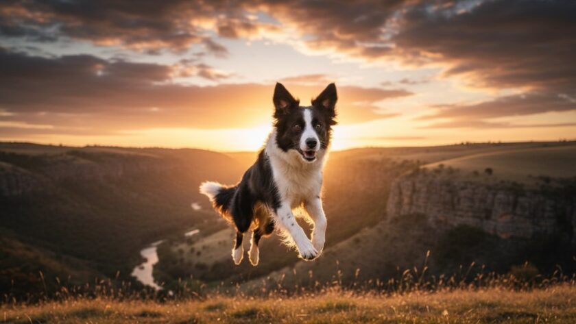 A heartwarming and professionally color-graded 'epic moment' photograph depicting a joyful Border Collie dog mid-leap, perfectly framed against the dramatic golden hour sky over the rolling hills near the Lerderderg Gorge in Bacchus Marsh, Victoria. The image, focused on Bacchus Marsh pet photography capturing joy, showcases the dog's sheer delight and dynamic movement against a blurred background of the rugged gorge and soft, warm sunlight.