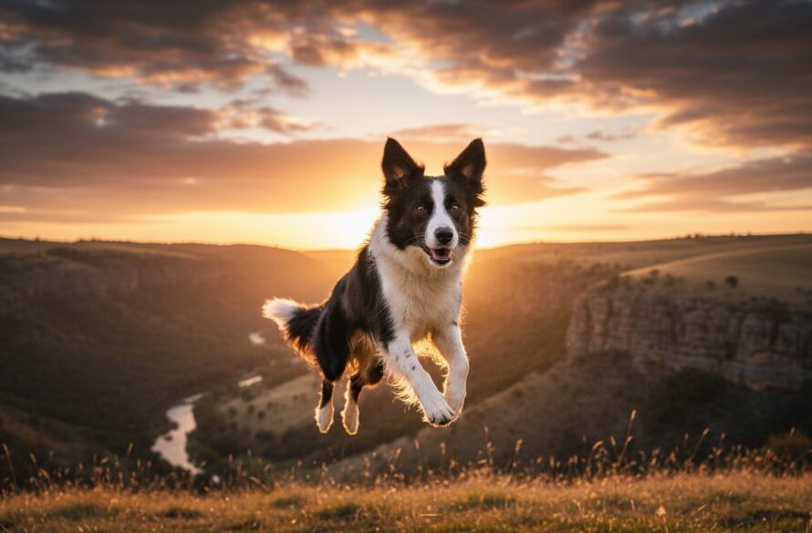 A heartwarming and professionally color-graded 'epic moment' photograph depicting a joyful Border Collie dog mid-leap, perfectly framed against the dramatic golden hour sky over the rolling hills near the Lerderderg Gorge in Bacchus Marsh, Victoria. The image, focused on Bacchus Marsh pet photography capturing joy, showcases the dog's sheer delight and dynamic movement against a blurred background of the rugged gorge and soft, warm sunlight.
