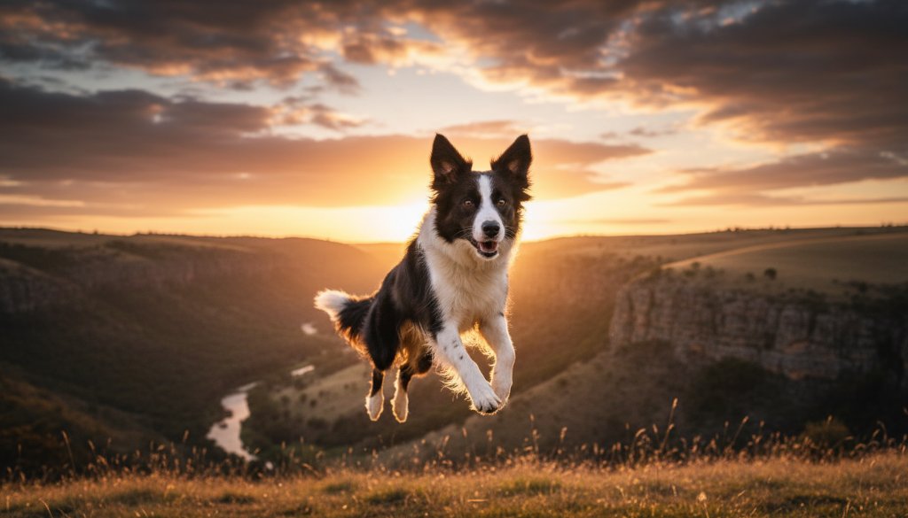 A heartwarming and professionally color-graded 'epic moment' photograph depicting a joyful Border Collie dog mid-leap, perfectly framed against the dramatic golden hour sky over the rolling hills near the Lerderderg Gorge in Bacchus Marsh, Victoria. The image, focused on Bacchus Marsh pet photography capturing joy, showcases the dog's sheer delight and dynamic movement against a blurred background of the rugged gorge and soft, warm sunlight.