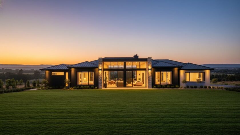 Dramatic twilight shot showcasing a beautifully lit, modern home in Bacchus Marsh with vibrant garden, captured with expert Bacchus Marsh real estate photography enhancing property appeal, creating an inviting, aspirational atmosphere.