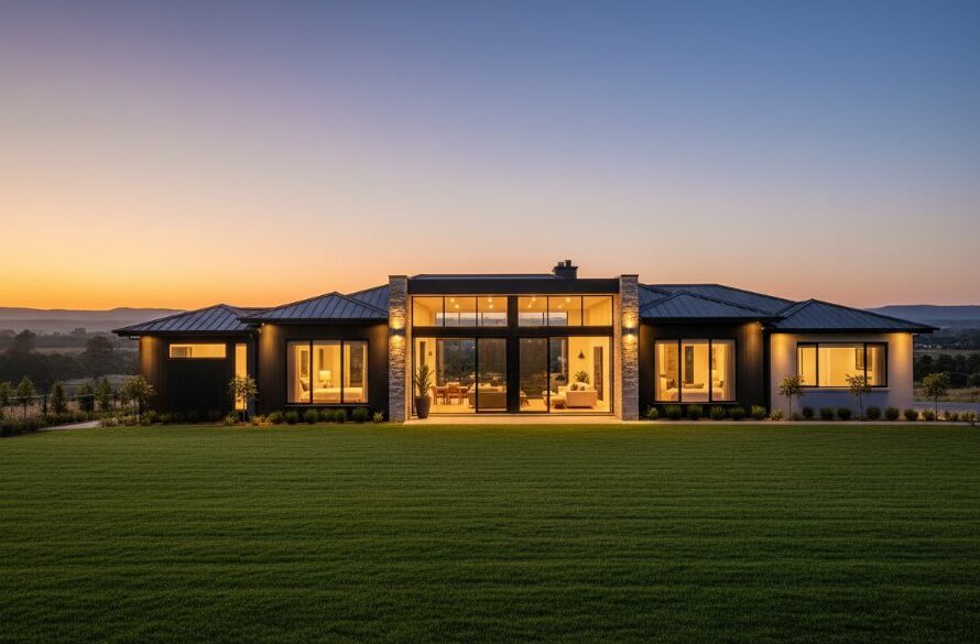 Dramatic twilight shot showcasing a beautifully lit, modern home in Bacchus Marsh with vibrant garden, captured with expert Bacchus Marsh real estate photography enhancing property appeal, creating an inviting, aspirational atmosphere.