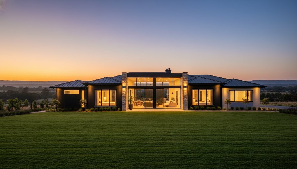 Dramatic twilight shot showcasing a beautifully lit, modern home in Bacchus Marsh with vibrant garden, captured with expert Bacchus Marsh real estate photography enhancing property appeal, creating an inviting, aspirational atmosphere.