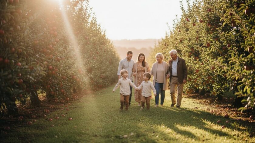 An aerial wide shot of a multi-generational family joyfully walking hand-in-hand through a golden orchard at sunset in Bacchus Marsh, captured with a professional and cinematic lens, embodying Bacchus Marsh rustic family photography storytelling with warm, dramatic light. Their laughter echoes the authentic joy of a shared, epic moment.