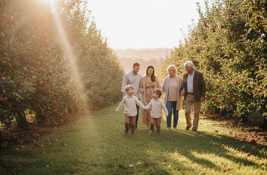 An aerial wide shot of a multi-generational family joyfully walking hand-in-hand through a golden orchard at sunset in Bacchus Marsh, captured with a professional and cinematic lens, embodying Bacchus Marsh rustic family photography storytelling with warm, dramatic light. Their laughter echoes the authentic joy of a shared, epic moment.