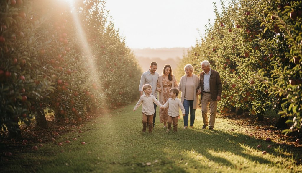 An aerial wide shot of a multi-generational family joyfully walking hand-in-hand through a golden orchard at sunset in Bacchus Marsh, captured with a professional and cinematic lens, embodying Bacchus Marsh rustic family photography storytelling with warm, dramatic light. Their laughter echoes the authentic joy of a shared, epic moment.