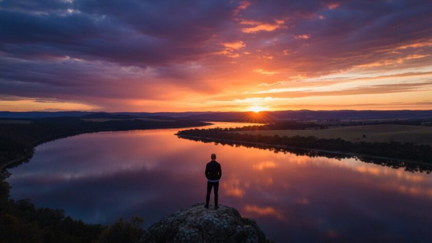 Dramatic Bairnsdale fine art photography capturing East Gippsland stories: A lone figure stands silhouetted against a vibrant sunset over the Mitchell River, showcasing the epic scale and artistic vision of Bairnsdale's natural beauty.