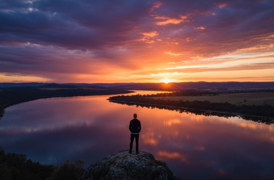 Dramatic Bairnsdale fine art photography capturing East Gippsland stories: A lone figure stands silhouetted against a vibrant sunset over the Mitchell River, showcasing the epic scale and artistic vision of Bairnsdale's natural beauty.