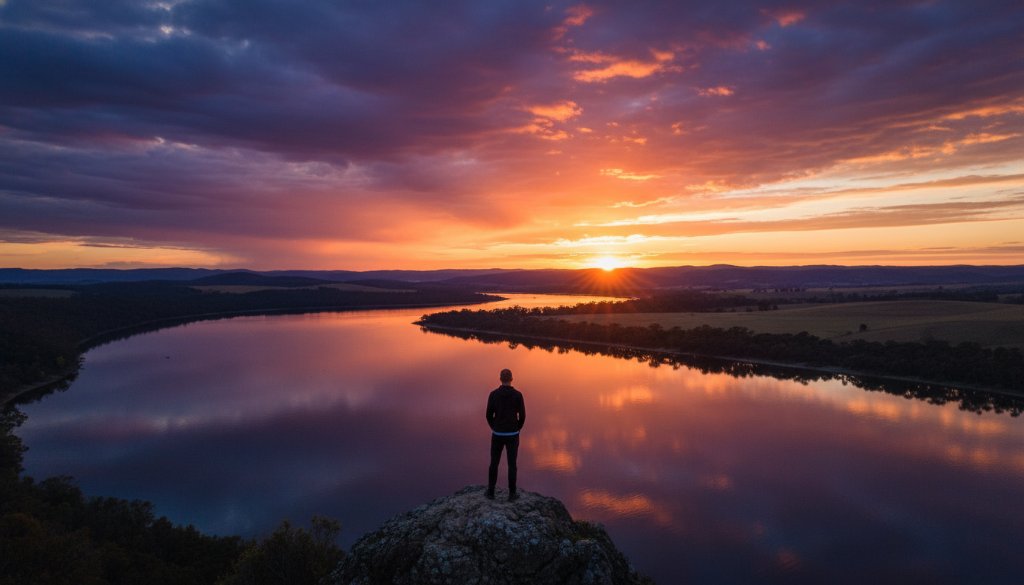Dramatic Bairnsdale fine art photography capturing East Gippsland stories: A lone figure stands silhouetted against a vibrant sunset over the Mitchell River, showcasing the epic scale and artistic vision of Bairnsdale's natural beauty.