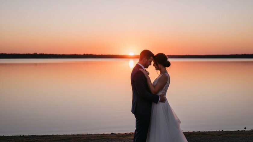 A newlywed couple embracing passionately at sunset on the tranquil shores of the Gippsland Lakes, their silhouettes framed by the dramatic, golden light, embodying romantic Bairnsdale Gippsland Lakes wedding photography.