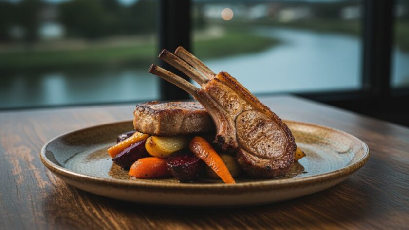 An exquisite, professionally styled dish from a Bairnsdale restaurant, dramatically lit, showcasing the vibrant colours and textures that exemplify Bairnsdale gourmet food photography for local restaurants, captured in an epic, cinematic close-up.