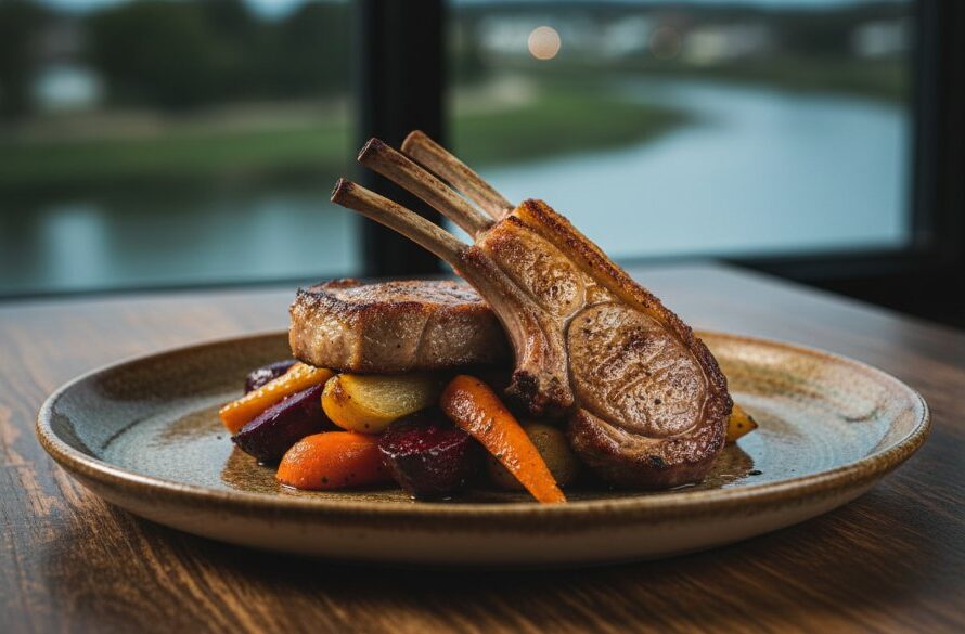 An exquisite, professionally styled dish from a Bairnsdale restaurant, dramatically lit, showcasing the vibrant colours and textures that exemplify Bairnsdale gourmet food photography for local restaurants, captured in an epic, cinematic close-up.