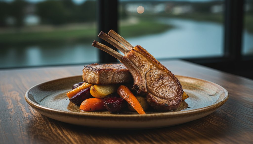 An exquisite, professionally styled dish from a Bairnsdale restaurant, dramatically lit, showcasing the vibrant colours and textures that exemplify Bairnsdale gourmet food photography for local restaurants, captured in an epic, cinematic close-up.