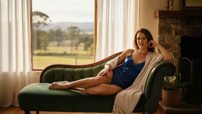 A stunning, cinematic 'epic moment' photograph of a woman exuding confidence during her Bairnsdale intimate boudoir photography experience, bathed in soft, natural light filtering through sheer curtains in a luxurious, rustic Bairnsdale-style studio, capturing a powerful, emotionally resonant pose.