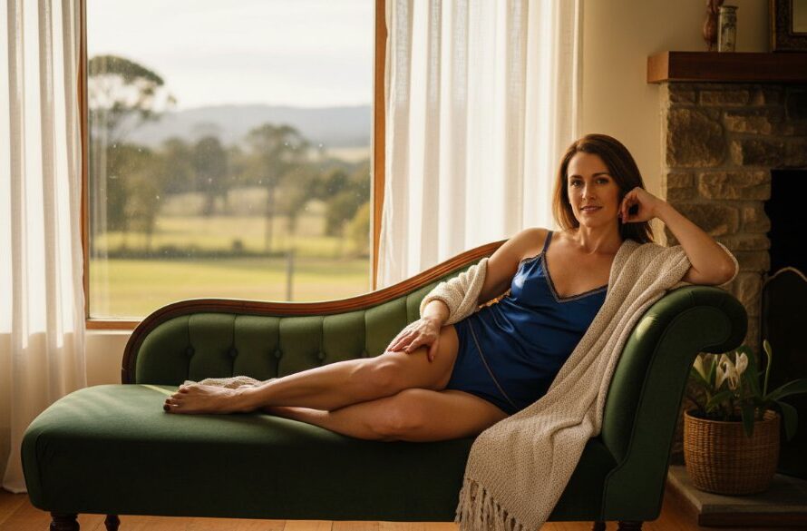 A stunning, cinematic 'epic moment' photograph of a woman exuding confidence during her Bairnsdale intimate boudoir photography experience, bathed in soft, natural light filtering through sheer curtains in a luxurious, rustic Bairnsdale-style studio, capturing a powerful, emotionally resonant pose.