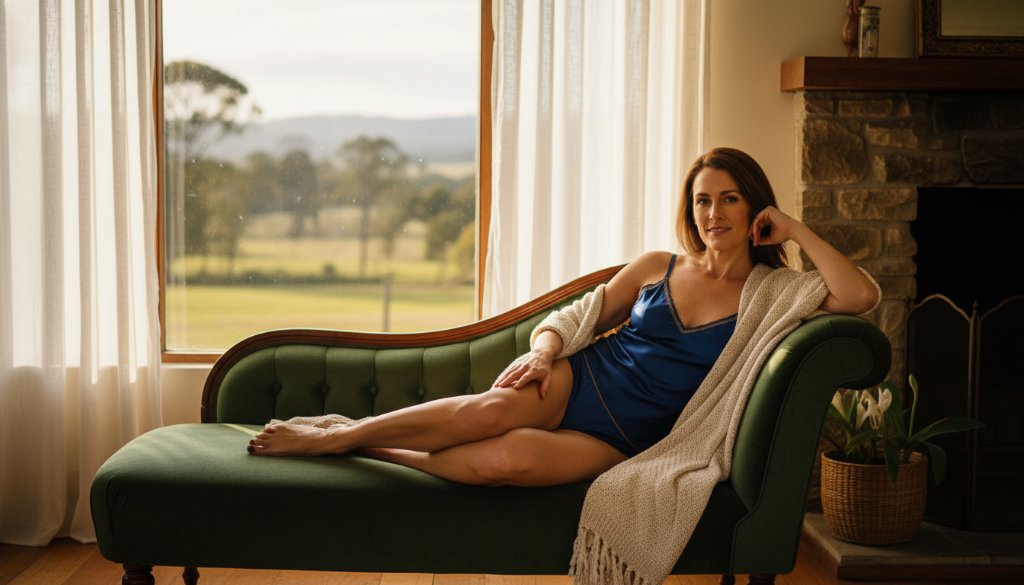 A stunning, cinematic 'epic moment' photograph of a woman exuding confidence during her Bairnsdale intimate boudoir photography experience, bathed in soft, natural light filtering through sheer curtains in a luxurious, rustic Bairnsdale-style studio, capturing a powerful, emotionally resonant pose.