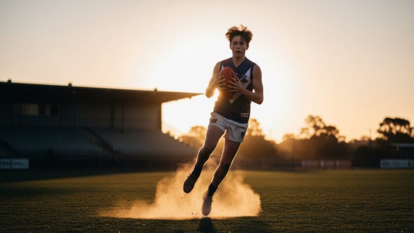 An epic moment captured in Bairnsdale junior sports photography action shots, featuring a young footballer mid-kick, ball blurred with motion, dramatic golden hour lighting, dust rising from the Bairnsdale Oval field, celebrating the raw energy and determination of youth sports, with cheering spectators in the softly blurred background.