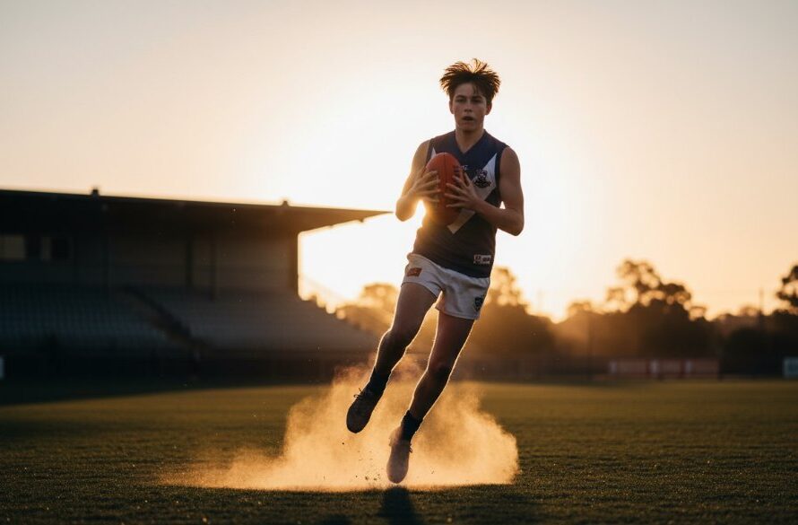 An epic moment captured in Bairnsdale junior sports photography action shots, featuring a young footballer mid-kick, ball blurred with motion, dramatic golden hour lighting, dust rising from the Bairnsdale Oval field, celebrating the raw energy and determination of youth sports, with cheering spectators in the softly blurred background.