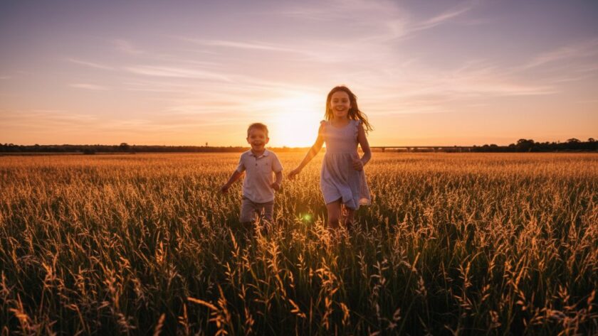 A wide-angle, low-angle shot capturing Bairnsdale kids photography authentic moments, featuring two children running joyfully through a sun-drenched field near the Mitchell River in Bairnsdale, golden hour light illuminating their laughter, with a vintage bridge visible in the background. The image has a warm, cinematic colour grade, evoking pure childhood magic.