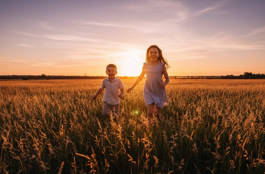 A wide-angle, low-angle shot capturing Bairnsdale kids photography authentic moments, featuring two children running joyfully through a sun-drenched field near the Mitchell River in Bairnsdale, golden hour light illuminating their laughter, with a vintage bridge visible in the background. The image has a warm, cinematic colour grade, evoking pure childhood magic.