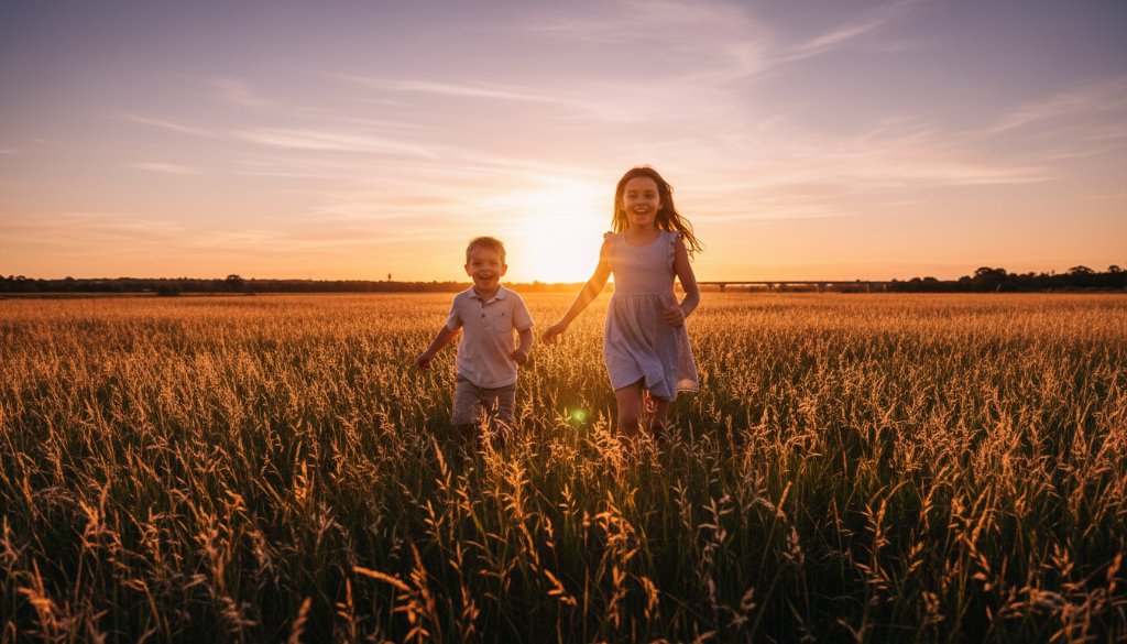 A wide-angle, low-angle shot capturing Bairnsdale kids photography authentic moments, featuring two children running joyfully through a sun-drenched field near the Mitchell River in Bairnsdale, golden hour light illuminating their laughter, with a vintage bridge visible in the background. The image has a warm, cinematic colour grade, evoking pure childhood magic.