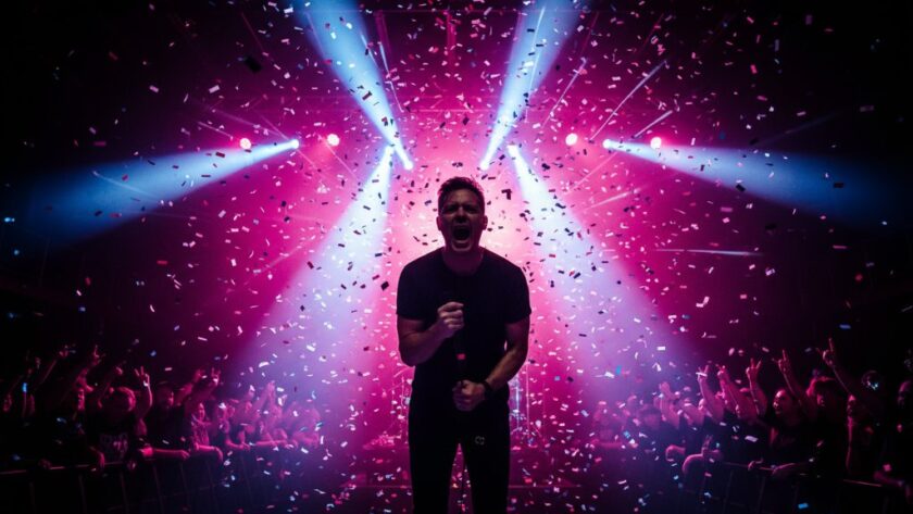 Dynamic wide shot capturing the raw energy of a band's lead singer performing under dramatic stage lights in Bairnsdale, showcasing local talent with powerful Bairnsdale live music photography, confetti mid-air, and an ecstatic crowd visible in the background, a true epic moment.