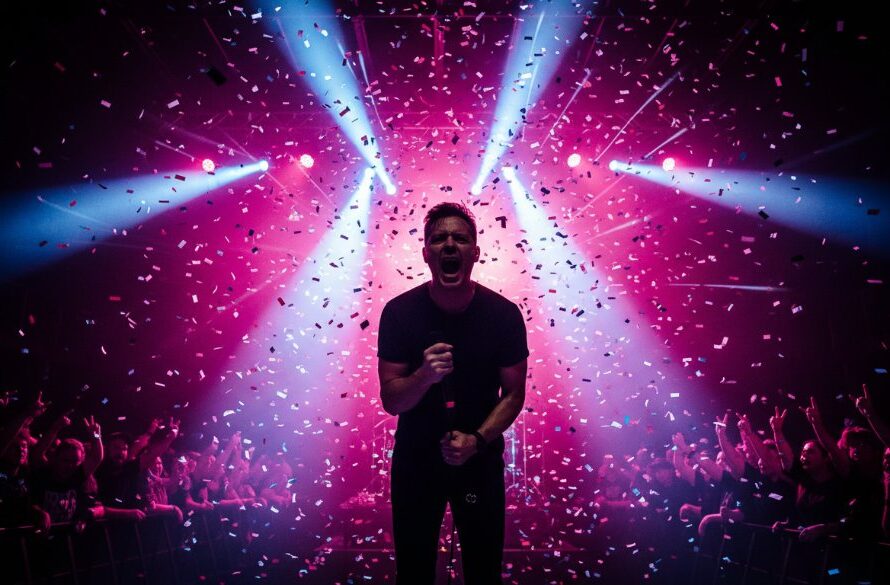 Dynamic wide shot capturing the raw energy of a band's lead singer performing under dramatic stage lights in Bairnsdale, showcasing local talent with powerful Bairnsdale live music photography, confetti mid-air, and an ecstatic crowd visible in the background, a true epic moment.