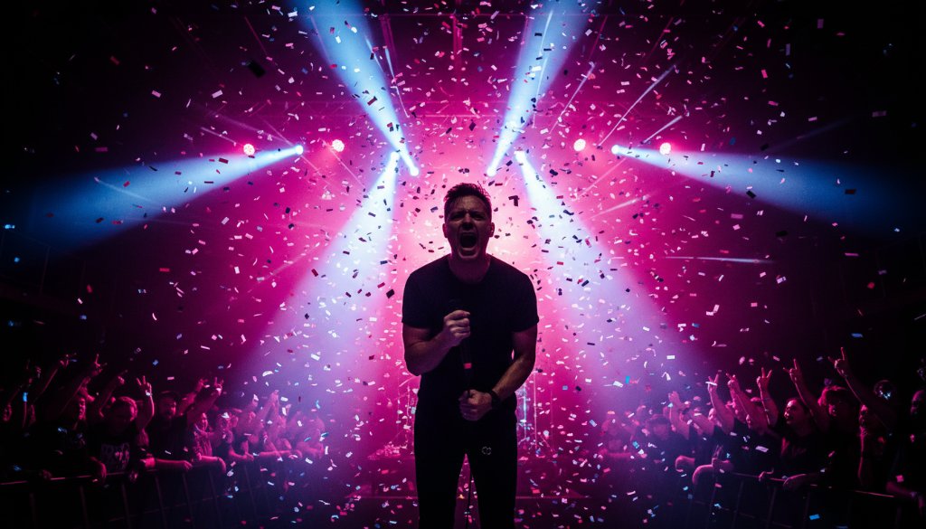 Dynamic wide shot capturing the raw energy of a band's lead singer performing under dramatic stage lights in Bairnsdale, showcasing local talent with powerful Bairnsdale live music photography, confetti mid-air, and an ecstatic crowd visible in the background, a true epic moment.