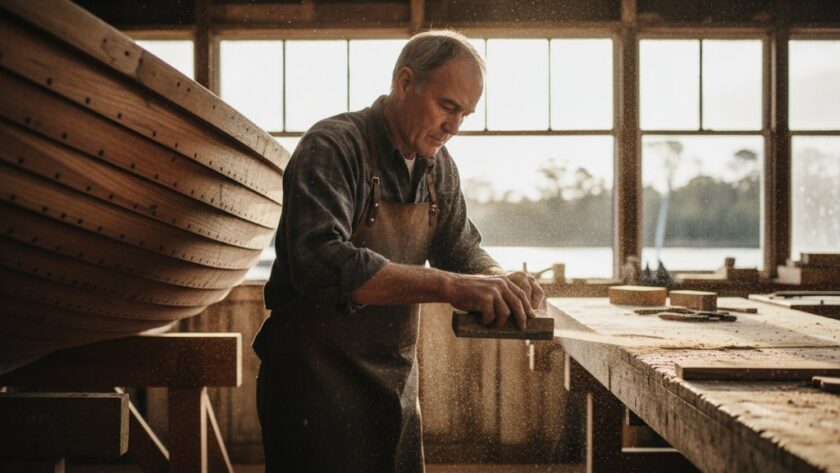 An evocative close-up shot of a skilled artisan meticulously crafting a custom wooden boat in a workshop near the Mitchell River in Bairnsdale, Victoria, captured with dramatic, golden hour lighting, symbolizing Bairnsdale local business editorial photography.