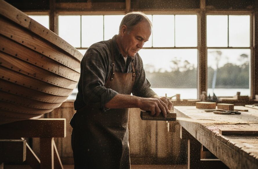 An evocative close-up shot of a skilled artisan meticulously crafting a custom wooden boat in a workshop near the Mitchell River in Bairnsdale, Victoria, captured with dramatic, golden hour lighting, symbolizing Bairnsdale local business editorial photography.