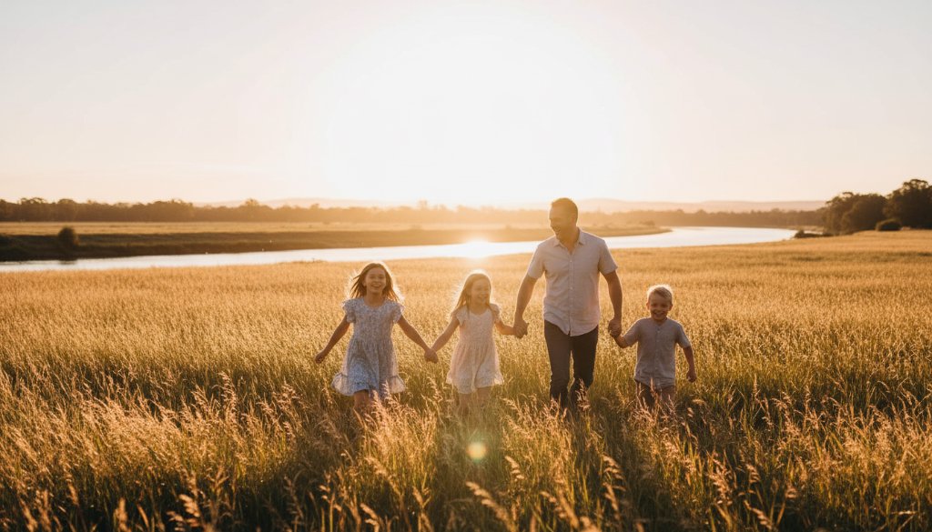A joyful Bairnsdale outdoor family portraits capturing genuine emotion, with parents and two children laughing and running through sun-dappled fields near the Mitchell River, showcasing professional photography with dramatic golden hour lighting.