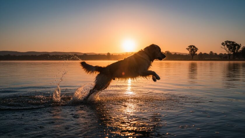 An epic moment captured through Bairnsdale pet photography for unforgettable furry friend portraits, showing a golden retriever joyfully leaping into the Gippsland Lakes at sunset, dramatic backlighting illuminating water splashes, professional and colour-graded.