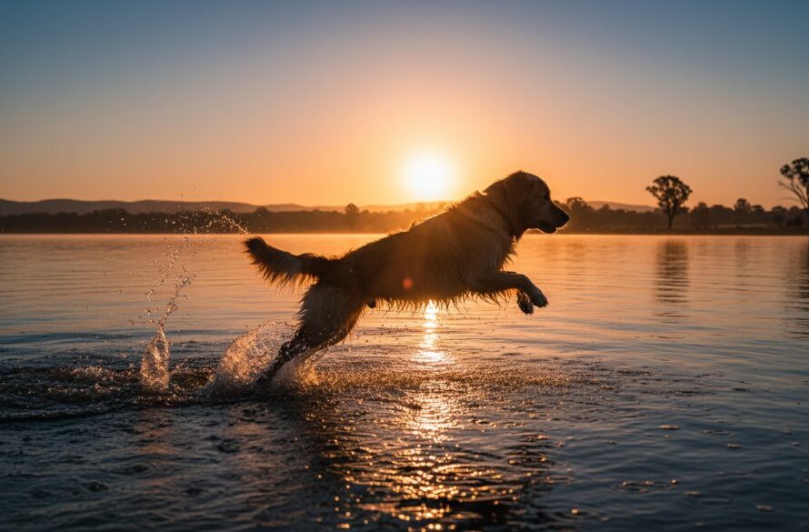 An epic moment captured through Bairnsdale pet photography for unforgettable furry friend portraits, showing a golden retriever joyfully leaping into the Gippsland Lakes at sunset, dramatic backlighting illuminating water splashes, professional and colour-graded.