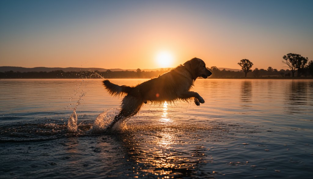 An epic moment captured through Bairnsdale pet photography for unforgettable furry friend portraits, showing a golden retriever joyfully leaping into the Gippsland Lakes at sunset, dramatic backlighting illuminating water splashes, professional and colour-graded.