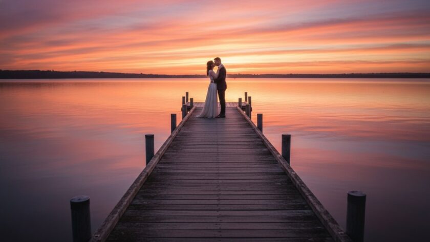 An epic, professionally colour-graded photograph showcasing a couple embracing passionately at one of Bairnsdale pre-wedding photoshoot locations, with the dramatic sunset over the Gippsland Lakes creating a breathtaking backdrop, captured by Image by SD.