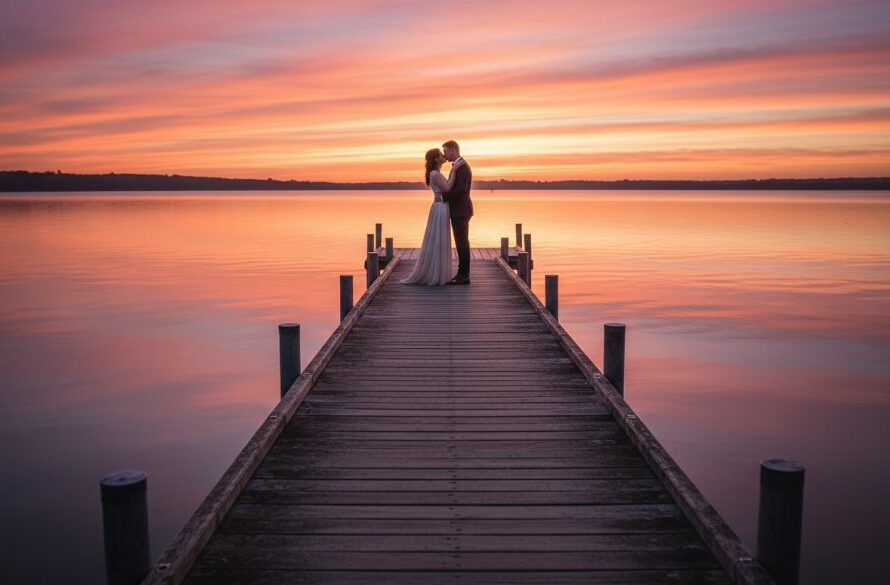 An epic, professionally colour-graded photograph showcasing a couple embracing passionately at one of Bairnsdale pre-wedding photoshoot locations, with the dramatic sunset over the Gippsland Lakes creating a breathtaking backdrop, captured by Image by SD.